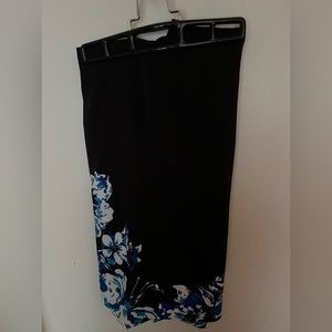 Black pencil skirt with white and blue floral pattern